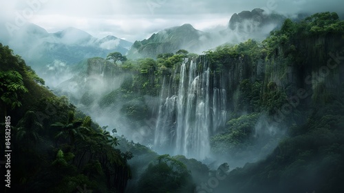 Waterfall in deep tropical rainforest with green plants, moss, ferns. © Joyce