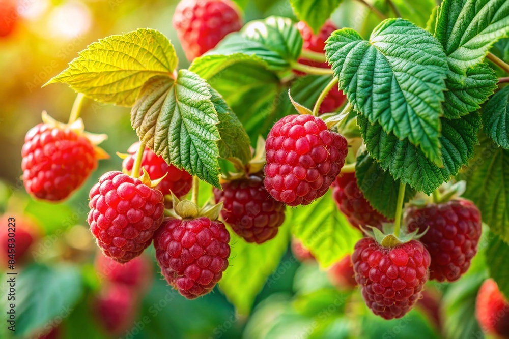 A close-up view of red raspberries and green leaves in a garden A close-up view of red raspberries and green leaves in a garden