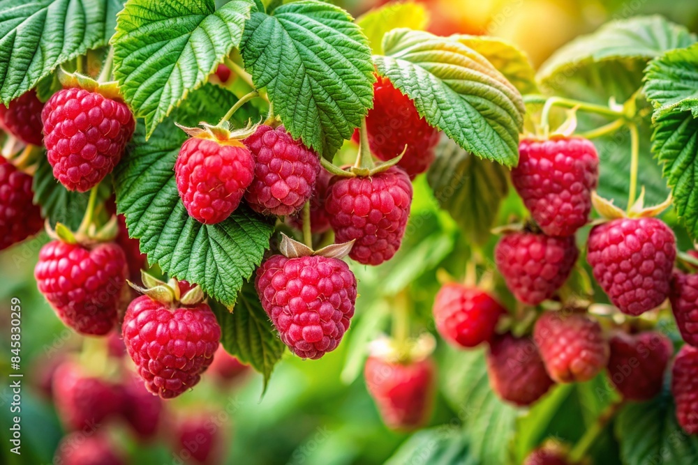 A close-up view of red raspberries and green leaves in a garden A close-up view of red raspberries and green leaves in a garden