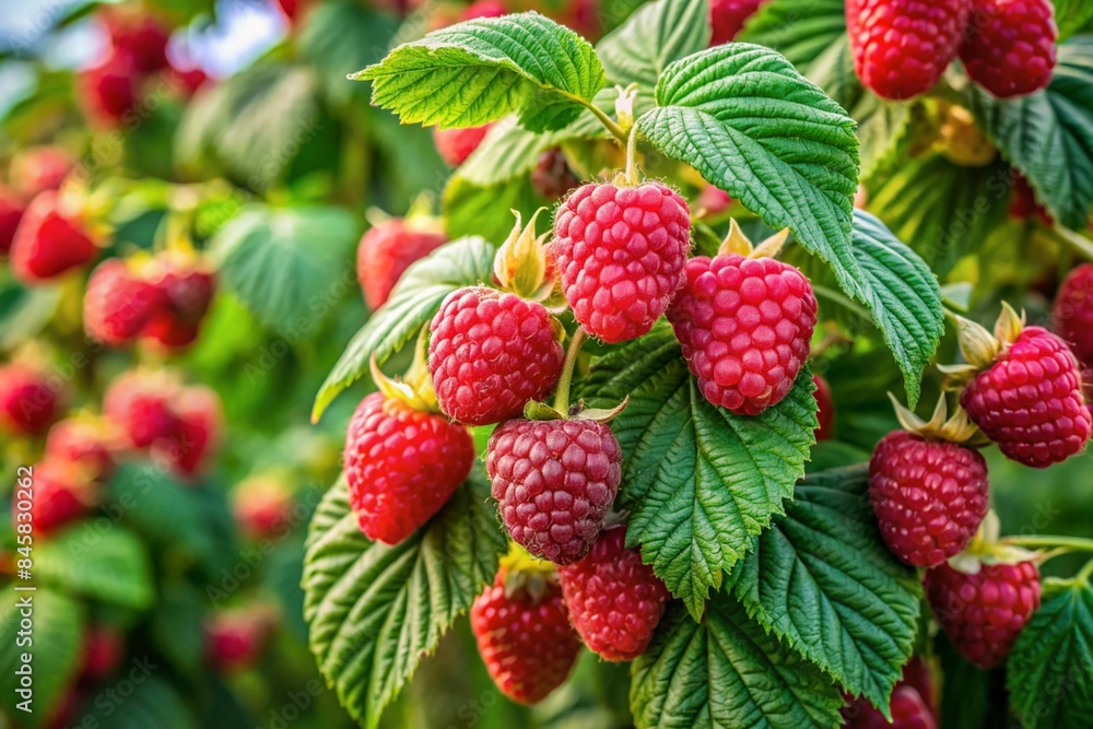 A close-up view of red raspberries and green leaves in a garden A close-up view of red raspberries and green leaves in a garden