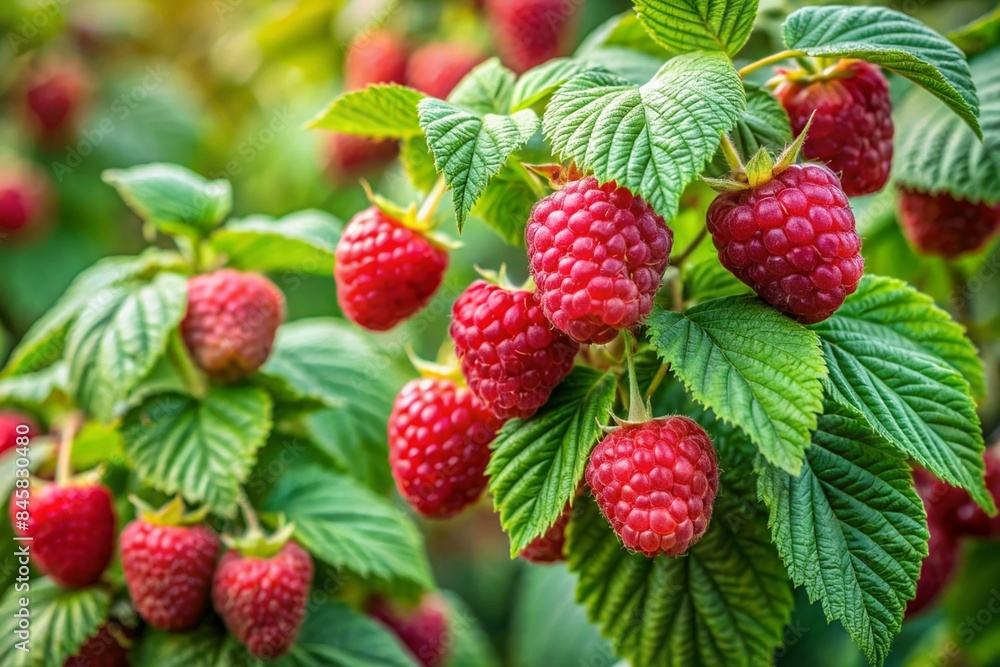 A close-up view of red raspberries and green leaves in a garden A close-up view of red raspberries and green leaves in a garden