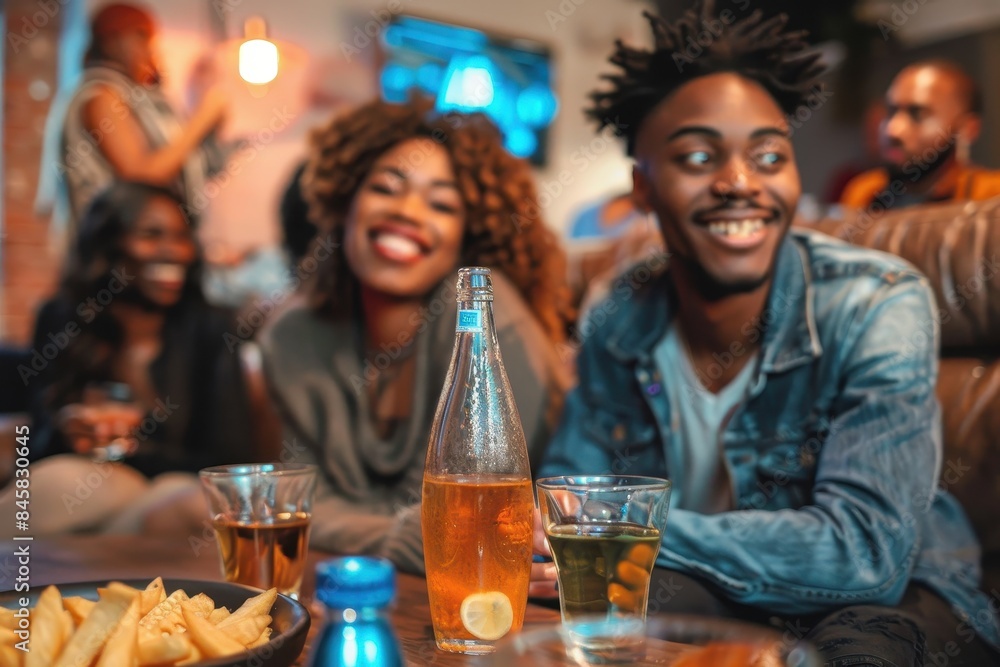 A group of friends sharing a cheerful moment with drinks at a friendly gathering, highlighted by a vibrant bar atmosphere