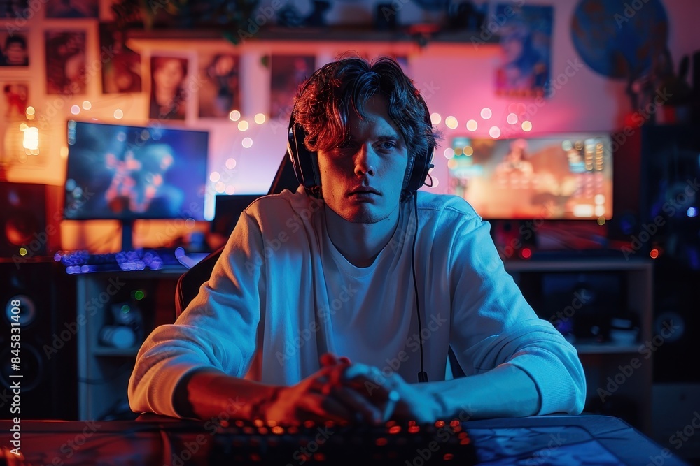 A serious male gamer with a headphone set immersed in online gaming in a vibrant neon-lit room A serious male gamer with a headphone set immersed in online gaming in a vibrant neon-lit room