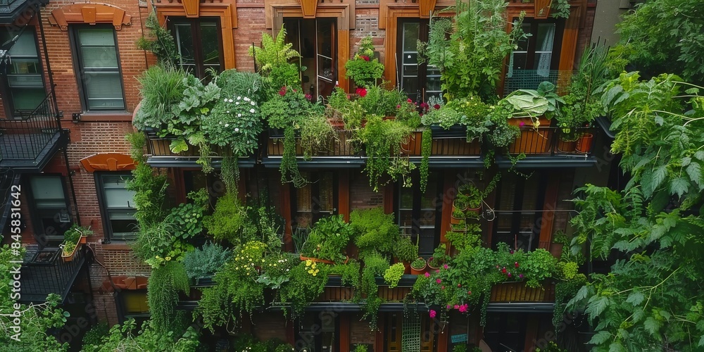 Aerial view of a brick structure with plants and flowers Aerial view of a brick structure with plants and flowers
