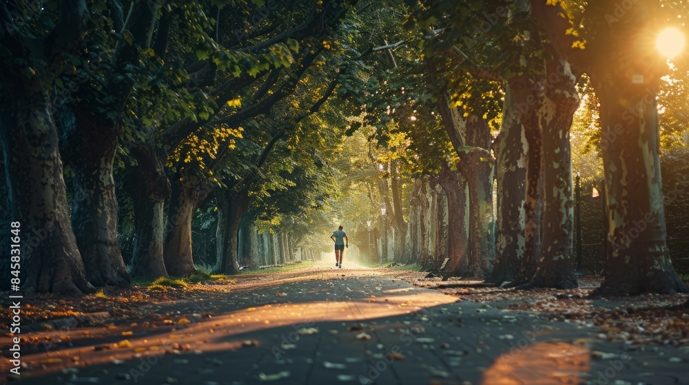 Obraz premium A man jogging along a treelined path