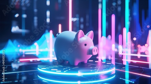 Futuristic piggy bank on digital platform. Concept of savings, finance, and technology innovation with vibrant neon colors and data visualizations.