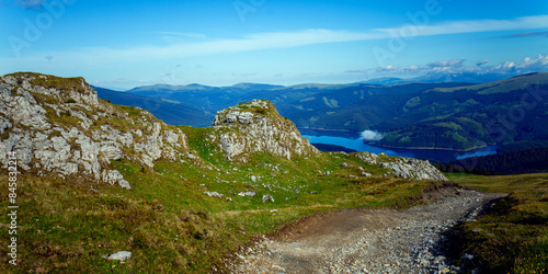 Vidra Lake, aerial panorama, Fratosteanu Mountain
 photo