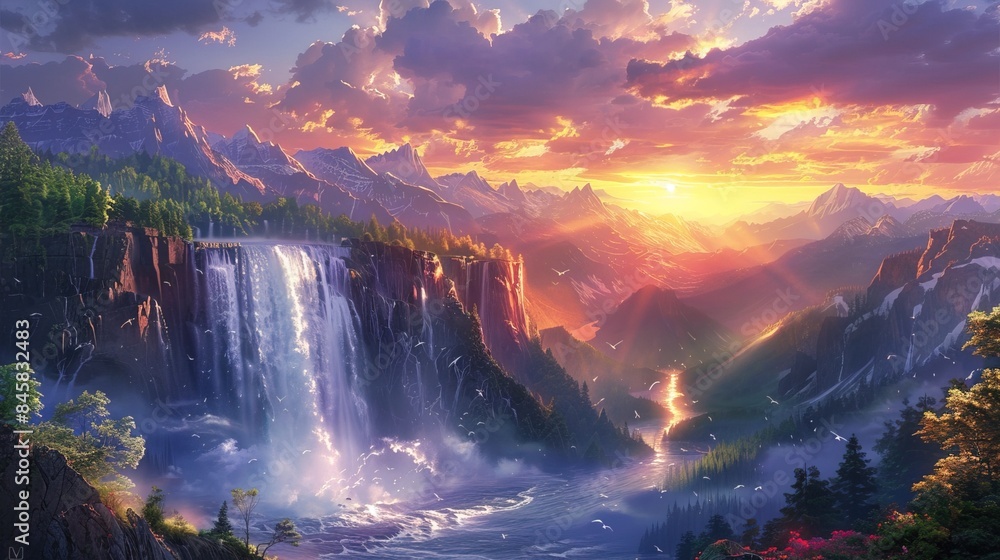 Majestic Waterfall and Mountain Landscape at Sunset Majestic Waterfall and Mountain Landscape at Sunset