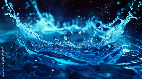 Water Splash, Blue Liquid, Abstract - A close up image of blue water splashing against a dark background. Water droplets are suspended in the air.