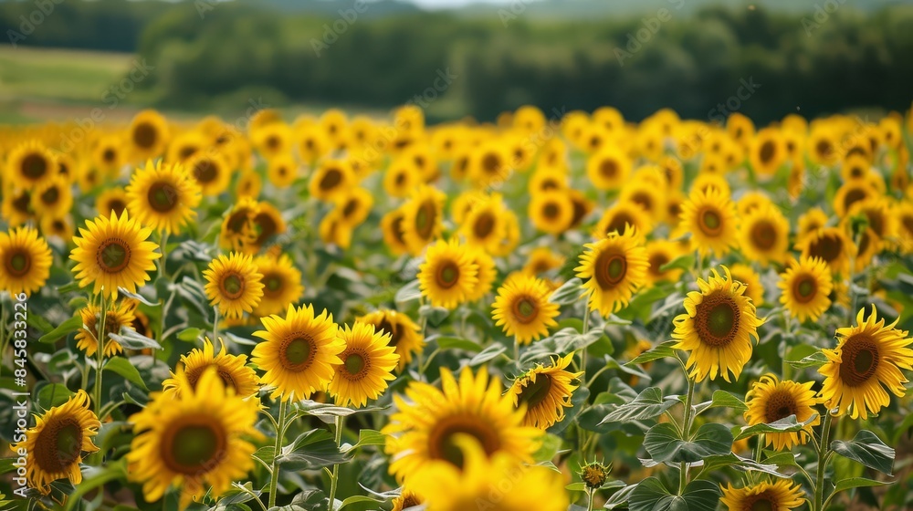 Sunflowers Blooming in a Lush Field - A field of sunflowers in full bloom, their bright yellow petals facing the sun. The background features a soft, green blur, creating a sense of depth Sunflowers Blooming in a Lush Field - A field of sunflowers in full bloom, their bright yellow petals facing the sun. The background features a soft, green blur, creating a sense of depth