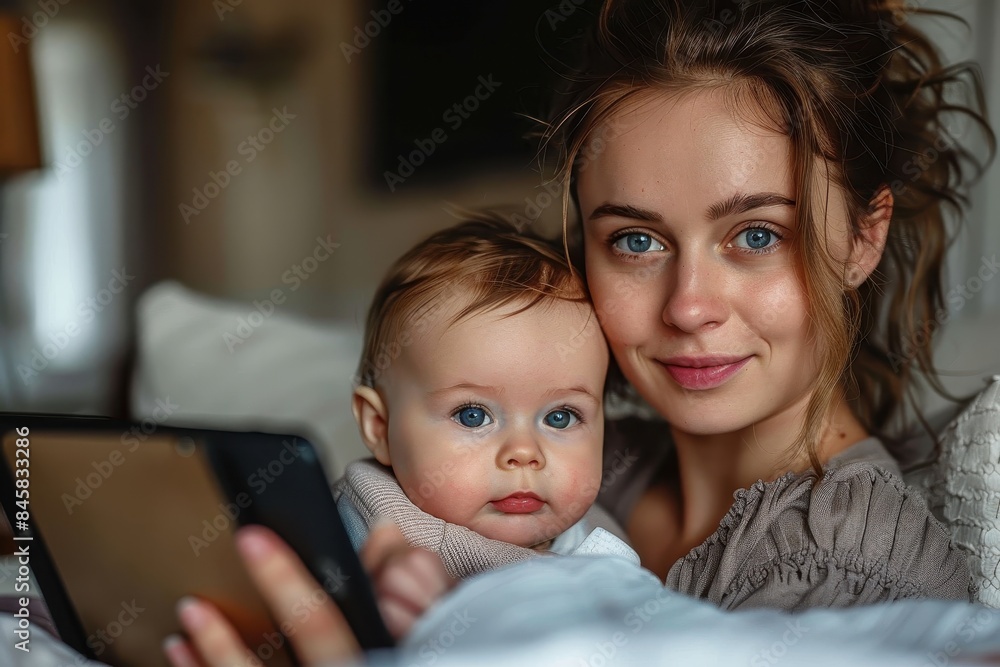 A beautiful woman and a baby with blue eyes lying on a bed with a tablet, displaying contented family life at home A beautiful woman and a baby with blue eyes lying on a bed with a tablet, displaying contented family life at home