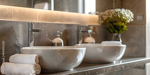 Luxurious and Contemporary Hotel-Style Bathroom Design with Elegant Fixtures. Concept Bathroom Design, Luxurious, Contemporary, Hotel-Style, Elegant Fixtures photo