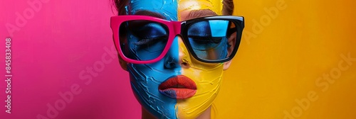 Vibrant Color Splash: Woman with Painted Face and Oversized Sunglasses Against Dual-Tone Background