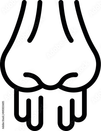 Simple outline symbol of a human nose with mucus dripping from its nostrils, symbolizing rhinitis or a cold