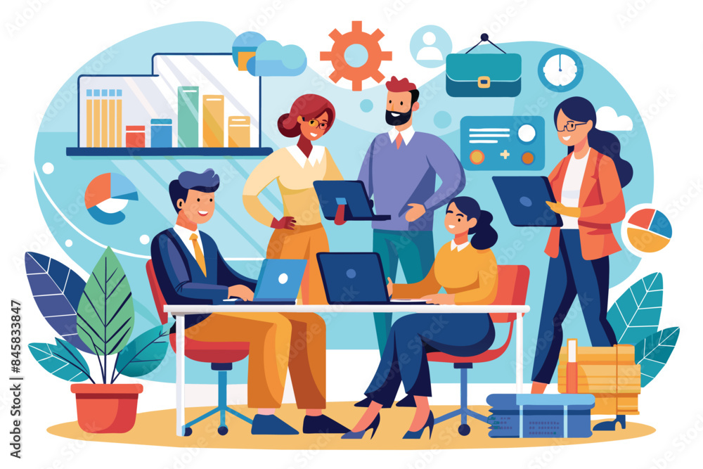 An illustration of a team of diverse office workers collaborating on a project while using laptops and charts in a modern office setting. An illustration of a team of diverse office workers collaborating on a project while using laptops and charts in a modern office setting.