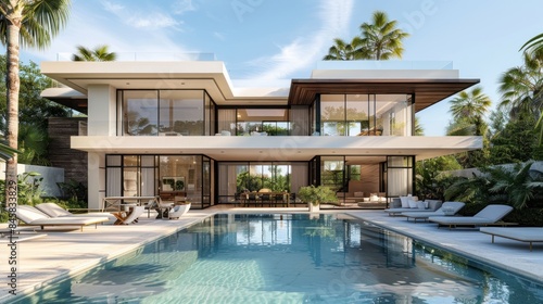 Wallpaper Mural Expensive private villa. Swimming pool in a private house. Evening in a country house. Mansion exterior. Luxury villa with swimming pool. 3d illustration AI generated Torontodigital.ca