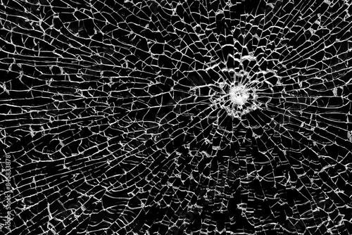 Obraz na plátně Texture of broken tempered glass with a bullet hole and diverging cracks on a black background
