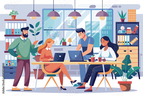 An illustration depicting four individuals working on laptops in an office setting. They appear to be collaborating and discussing ideas.