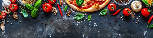 food ingredients and spices for making delicious italian pizza - food and drink. 