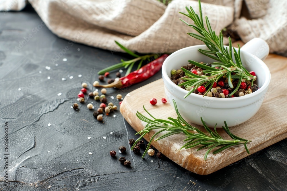 Rosemary and pepper in a bowl on a wooden board on a dark table with a towel Herbs and spices Rosemary and pepper in a bowl on a wooden board on a dark table with a towel Herbs and spices
