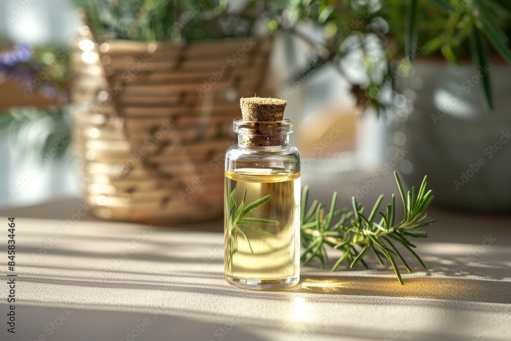 Rosemary essential oil on table Rosemary essential oil on table