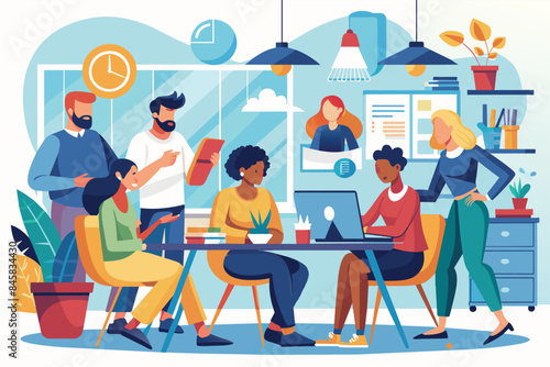 An illustration depicts a team of diverse individuals working together in an office setting. They are engaged in a discussion and using technology.