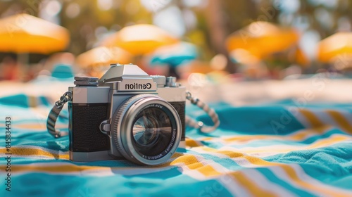 A camera is placed on a blanket at the beach, with the camera lens pointing towards the sea. It appears to be a digital camera, possibly a pointandshoot or mirrorless interchangeablelens camera AIG50 photo