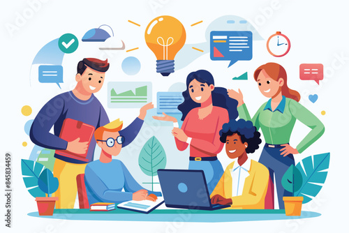 A group of diverse individuals brainstorm and collaborate on a new project idea, symbolizing teamwork, innovation, and creativity in a modern office environment.