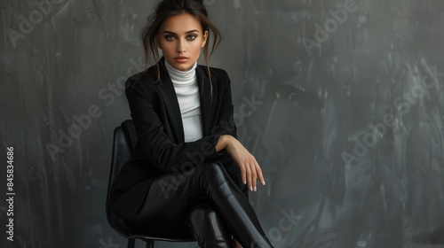 People, Full-Body Shot of a Woman in a Black Blazer and Leather Pants, Stylish and Confident Fashion Portrait 