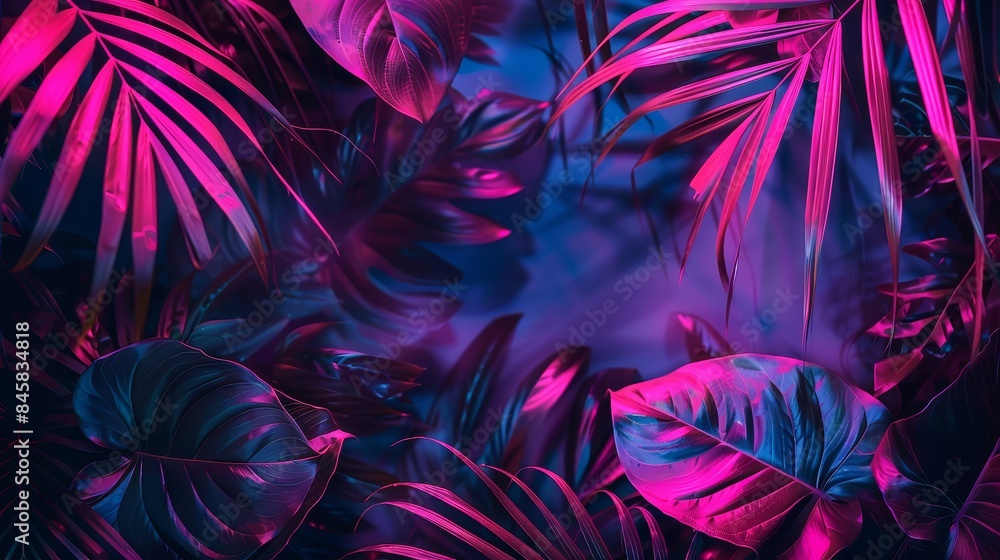 Tropical Leaves in Neon Glow - A vibrant close-up of tropical foliage bathed in neon pink and blue light, creating a surreal and abstract scene. Tropical Leaves in Neon Glow - A vibrant close-up of tropical foliage bathed in neon pink and blue light, creating a surreal and abstract scene.
