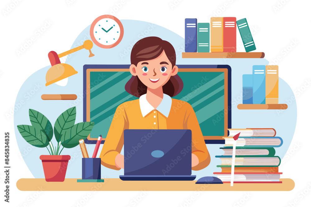 A smiling female teacher sits at a desk in a classroom setting, working on a laptop. The room is filled with traditional school supplies like bookshelves, a blackboard, and a desk lamp. A smiling female teacher sits at a desk in a classroom setting, working on a laptop. The room is filled with traditional school supplies like bookshelves, a blackboard, and a desk lamp.