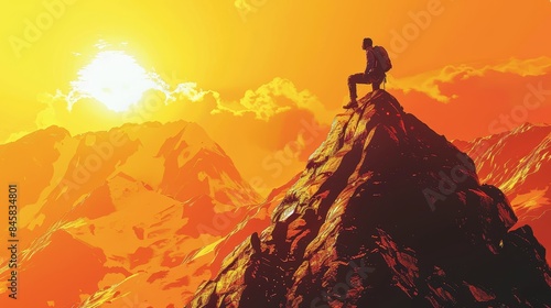 Man Conquering the Mountaintop at Sunset - A lone man sits atop a mountain, gazing at the fiery sunset over the distant peaks.