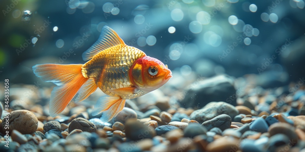 Closeup view of a vibrant goldfish swimming peacefully in a tranquil underwater environment Closeup view of a vibrant goldfish swimming peacefully in a tranquil underwater environment