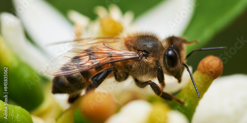 The colorful bee is perched on a vibrant flower, its hind legs full of pollen, evidencing its laborious task. 