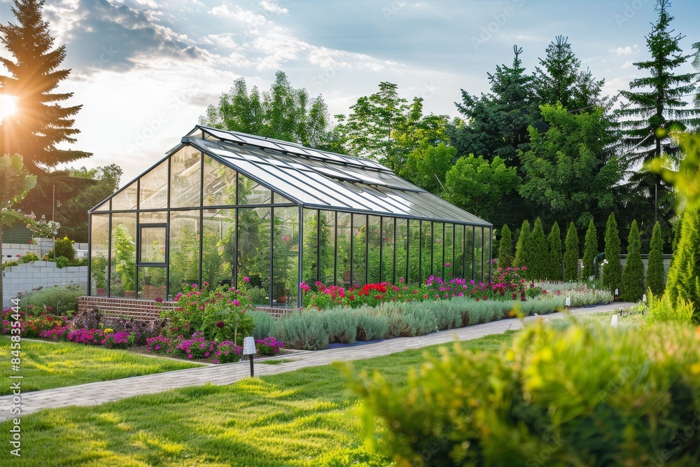 Scenic backyard with modern green house emphasizing gardening concept Scenic backyard with modern green house emphasizing gardening concept