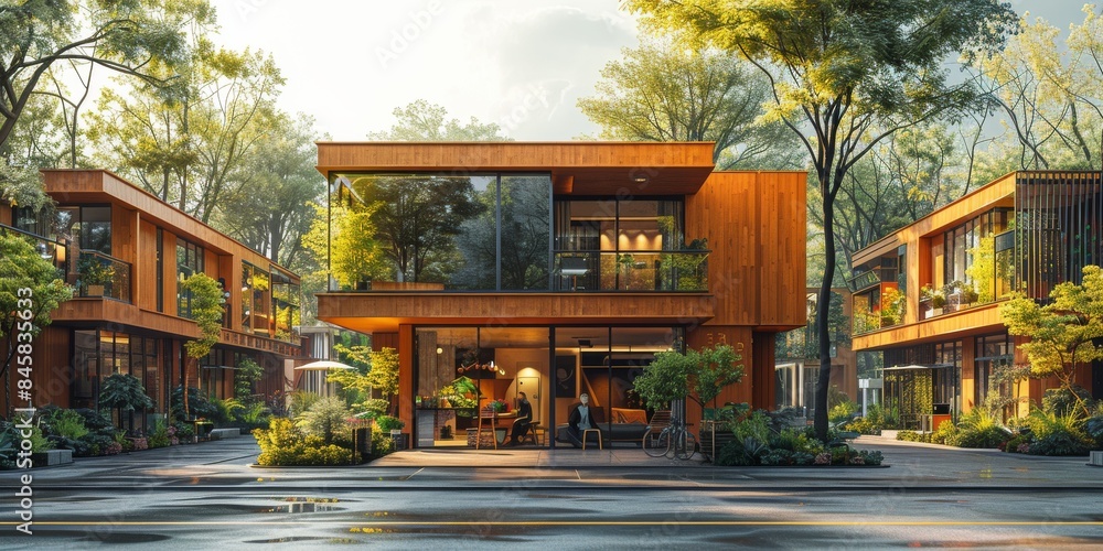 A modern building with many windows surrounded by trees in a beautiful location A modern building with many windows surrounded by trees in a beautiful location