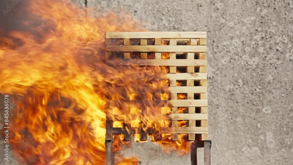 Wooden pallet burning intensely in daylight. Flames engulf pallet ...