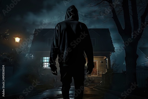 Night’s Enigma: Suspicious Silhouette of a Hooded Man Lurking by a House