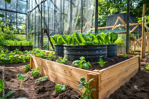 Self built wooden base with raised water tank for automated drip irrigation of garden growing organic vegetables in small eco friendly greenhouse H photo