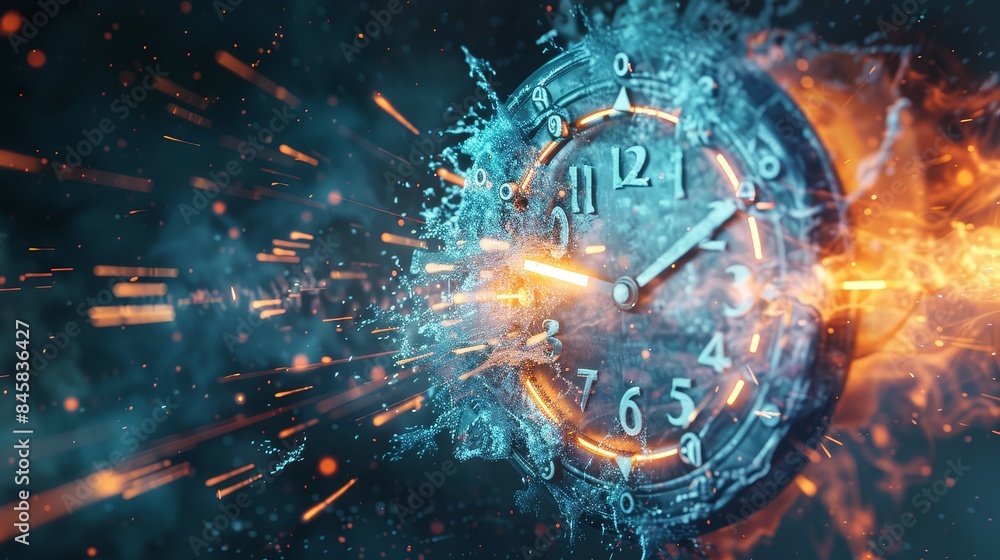 Obraz premium Clockwork Explosion: A Timepiece Caught in a Blazing Moment - A vintage clock, engulfed in a burst of fiery energy, symbolizes the fleeting nature of time.