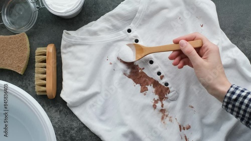 Woman's hand applies baking soda powder for eco-friendly stain removal. Splashing cosmetic cream or foundation on a white t-shirt. Zero waste concept. top view. 4k video