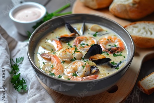 Seafood soup with garlic cream