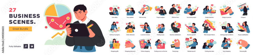 Business Concept illustrations. Mega set. Collection of scenes with men and women taking part in business activities. Vector illustration Business Concept illustrations. Mega set. Collection of scenes with men and women taking part in business activities. Vector illustration