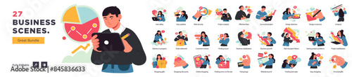 Business Concept illustrations. Mega set. Collection of scenes with men and women taking part in business activities. Vector illustration