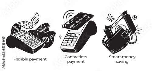 Online banking, smart wallet payment technology and digital pay service - set of business concept illustrations. Visual stories collection.