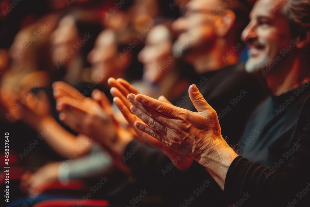 A group of people cheerfully clapping hands during a performance or presentation scene with warm lighting A group of people cheerfully clapping hands during a performance or presentation scene with warm lighting