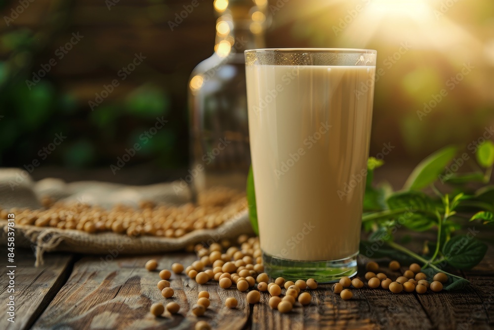 Soy milk bottle soybeans on table Soy milk bottle soybeans on table