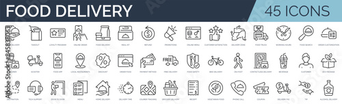 Set of 45 outline icons related to food delivery. Linear icon collection. Editable stroke. Vector illustration