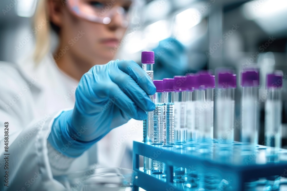 Close-up of a gloved hand placing a purple-capped test tube into a holder in a laboratory setting Close-up of a gloved hand placing a purple-capped test tube into a holder in a laboratory setting