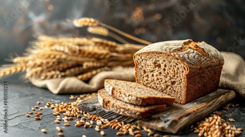Sliced bread with wheat grains and wheat ear in studio settings.